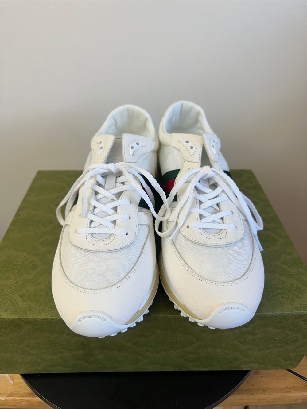White Gucci Sneakers with Green & Red Stripe